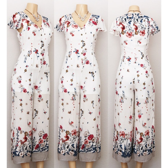 White Floral Button Front Culotte Crop Jumpsuit - Picture 2 of 8